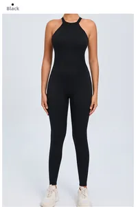 Front view of black halter neck yoga bodysuit with moisture-wicking stretch fabric