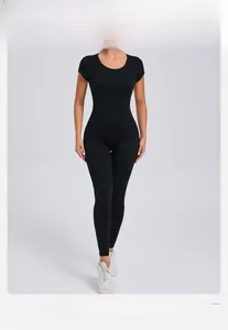 Detailed front view of high-stretch black short sleeve yoga bodysuit for workout