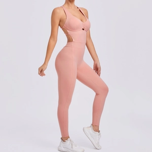 Pink backless yoga bodysuit for women with side cutouts and adjustable straps