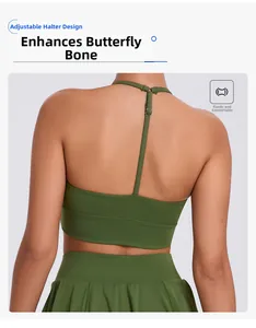 Detail of adjustable halter neck sport bra in olive green with high-elastic fabric