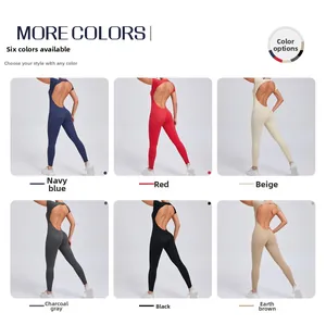 Detail view of backless yoga jumpsuit showing six color options for fitness and workout