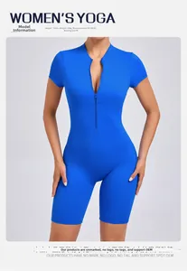 Detailed front zipper view of a blue short sleeve yoga jumpsuit with a high neckline