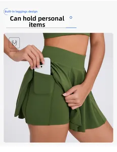 Olive green tennis skort with built-in shorts and functional side pocket for phone