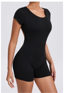 Close-up of the black backless short sleeve bodysuit featuring high elastic fitness fabric