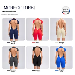 Six colors of backless yoga rompers shown from the back to highlight design