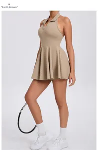 Clay brown halter neck sports dress with V-neck collar and pleated skirt for tennis