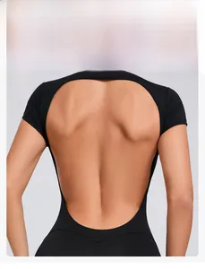 Macro detail of high-elastic black yoga bodysuit with open U-shaped back design