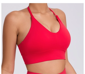 Detail of red sports bra with V-neckline and adjustable straps for fitness activities