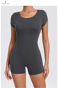 Detailed close-up of charcoal grey short sleeve yoga bodysuit with premium ribbed fabric