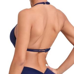 Top yoga blu navy con allacciatura al collo e chiusura regolabile con doppia fibbia sul retro