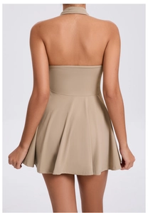 Rear view of khaki backless halter athletic dress with elegant A-line silhouette
