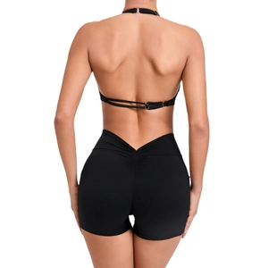 Women black backless yoga set with adjustable straps and scrunch butt gym shorts