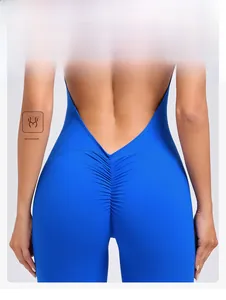 Detail view of the deep V backless design and ruched booty lifting yoga bodysuit