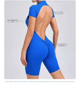 Detail of blue backless yoga jumpsuit with ruched butt lifting and removable padding