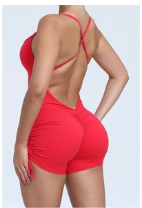 Detailed back view of red backless yoga jumpsuit with drawstring and ruched texture