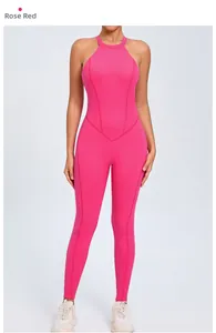 Front view of rose red yoga jumpsuit with cross neck design and sculpted stitching
