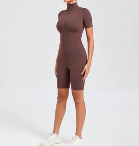 Side view of dark brown yoga bodysuit featuring front zipper and high elasticity fabric