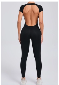 Detailed back view of a black backless short sleeve yoga bodysuit for fitness