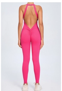 Detail of rose red backless yoga jumpsuit with back buckle and ruched peach butt lifting effect