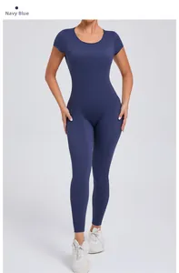 Navy blue short sleeve one-piece yoga bodysuit showing high-elasticity fit and firm compression