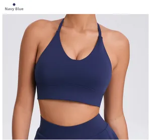 Navy blue high-impact sports bra featuring deep V-neck and supportive wide band