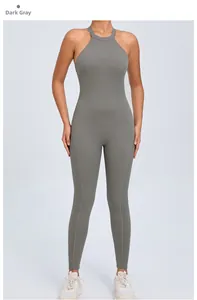 Detail of dark grey backless yoga jumpsuit with high neck and slim fit sports fabric