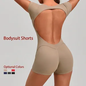 Women Backless Yoga Bodysuit Short Sleeve One Piece Athletic Jumpsuit Slim Fit Tummy Control Butt Lifting Gym Workout Sportswear
