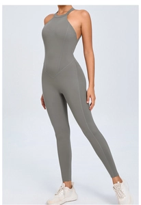 Close-up of side profile showing V-shaped structured stitching on yoga jumpsuit