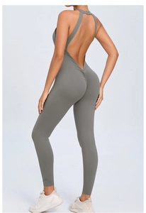Macro view of dark grey backless yoga jumpsuit with scrunch butt lifting details
