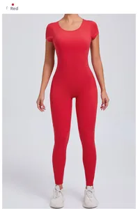 Detail of red quick-dry yoga bodysuit featuring short sleeves and high elasticity fabric