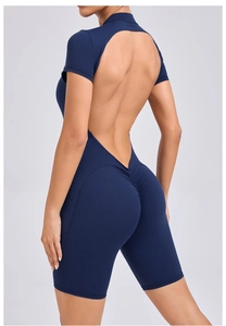 Detail view of backless yoga bodysuit with zip and scrunch butt design in navy blue