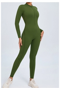 Combinaison de yoga moulante vert olive à manches longues avec fermeture éclair