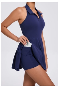 Detail showing the side pocket on built-in shorts for phone storage in tennis dress