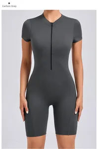 Front detail of charcoal grey short sleeve yoga bodysuit with front zipper closure