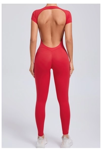 Close-up of back cutout and high-elastic fabric on red short sleeve fitness bodysuit
