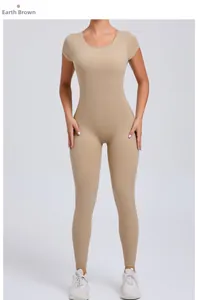 Front view of an earth brown short sleeve skin-tight yoga bodysuit for women