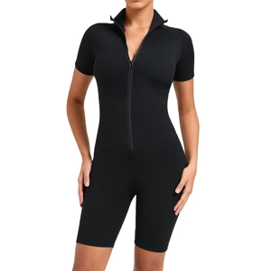 Women's black short sleeve slim fit yoga bodysuit with front zipper and tummy control