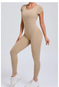 Detail of slim-fit backless short sleeve yoga jumpsuit with body-shaping support