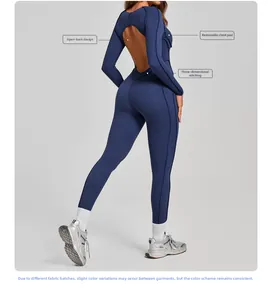 Dettaglio del design aperto sulla schiena e cuciture 3D sulla tuta yoga blu navy