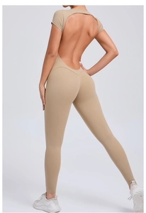 Detailed back view of a khaki backless yoga jumpsuit with tight fit and high elasticity