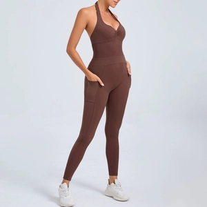 Deep brown halter neck yoga bodysuit with side pockets and slim fit design for women