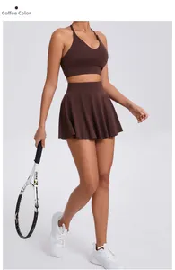 Women's coffee brown sports bra and pleated tennis skirt set for outdoor fitness