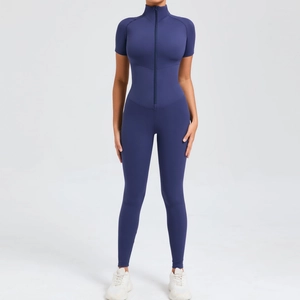 Damen Reißverschluss Kurzarm Yoga Ganzkörperanzug Eng Anliegend Sport Unitard Nylon Elasthan Gym Fitness Body Top And Bottom