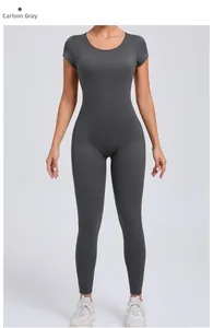 Detail of slim fit charcoal gray short sleeve yoga jumpsuit with high elastic fabric