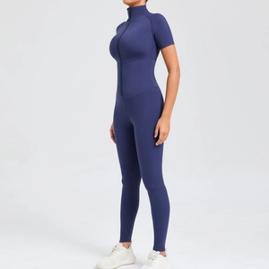 Eng anliegender marineblauer Yoga-Einteiler mit Reißverschluss und Stehkragen