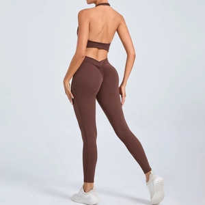 Brown halter yoga bodysuit for women with scrunch butt and backless detail
