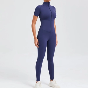Dunkelblauer Kurzarm-Yoga-Einteiler mit Reißverschluss für Damen im sportlichen Slim-Fit