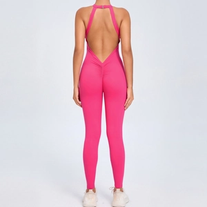 Women Halter Backless Yoga Jumpsuit Scrunch Butt Fitness Bodysuit Quick Dry One Piece Gym Sports Romper Unitard Jumpsuit