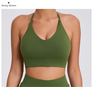 Front view of army green sports bra with V-neck design and wide elastic underband