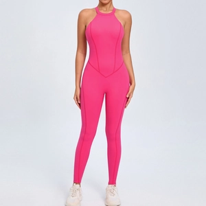 Women backless yoga bodysuit in rose red with halter neck and slim fit design